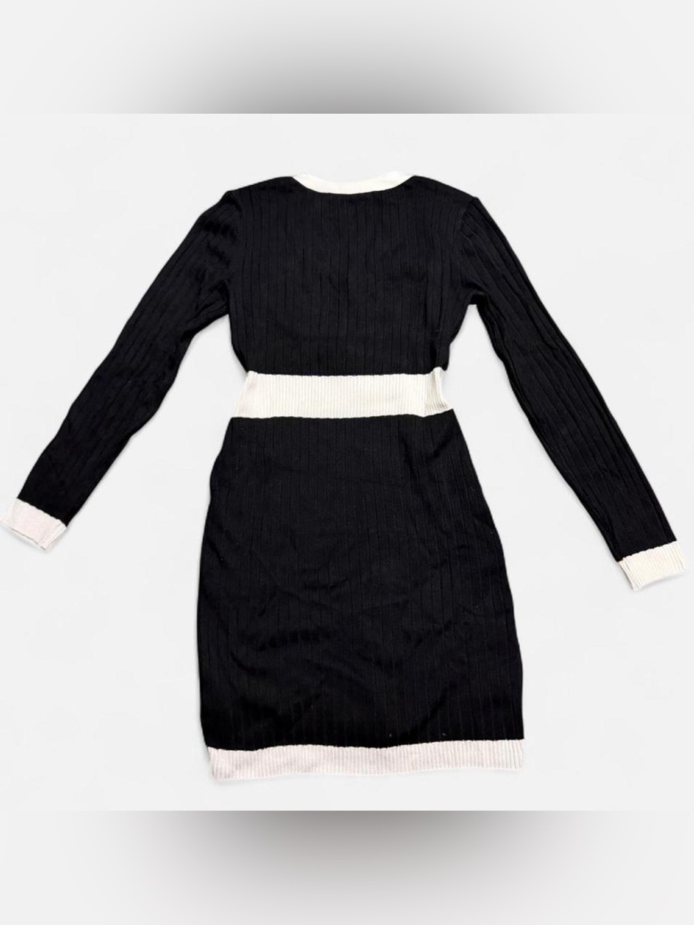 Black Ribbed Knit Gold Button-Front Mini Dress with White Trim (M) - Picture 3 of 3